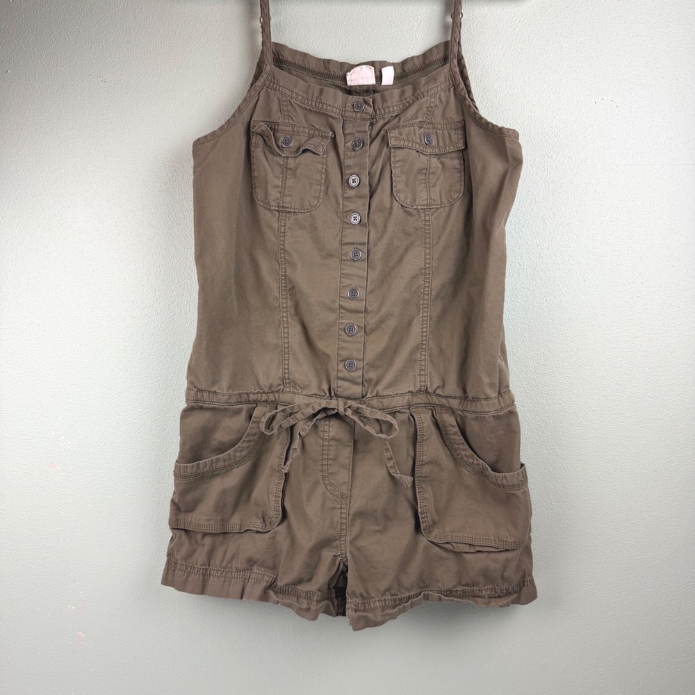 Mudd Y2K Olive Green Button Front Utility Romper Size Medium Drawstring Waist